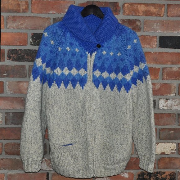 80s Blue & Grey Gray 100% WOOL KNIT Zip-Up Heavy Cardigan Sweater Apres Ski L - Picture 2 of 5